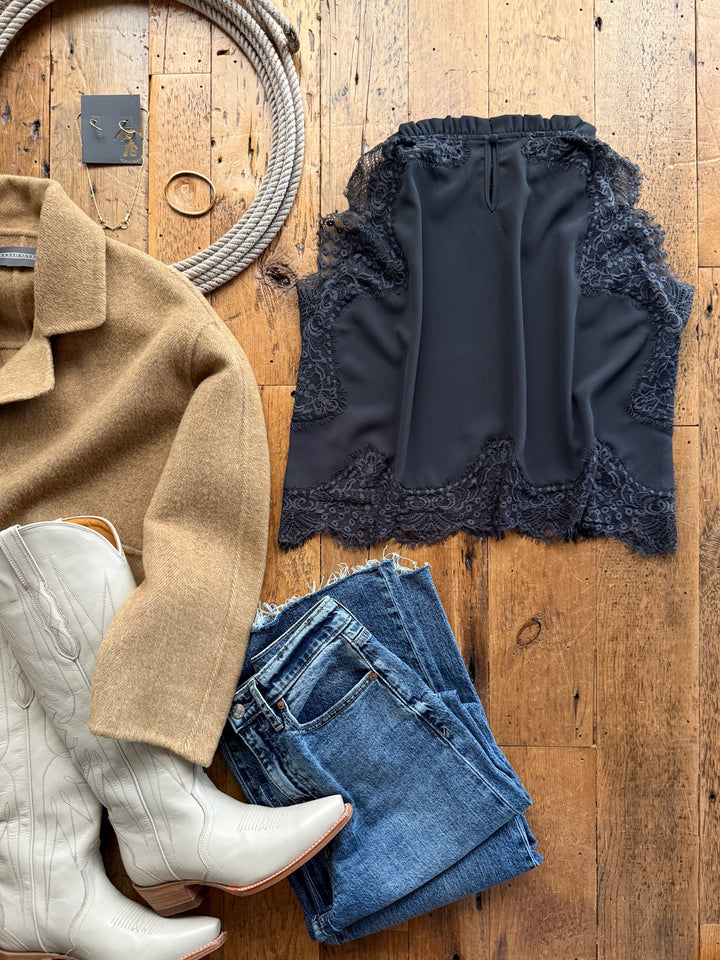 Palisade Charcoal Lace Trim Top