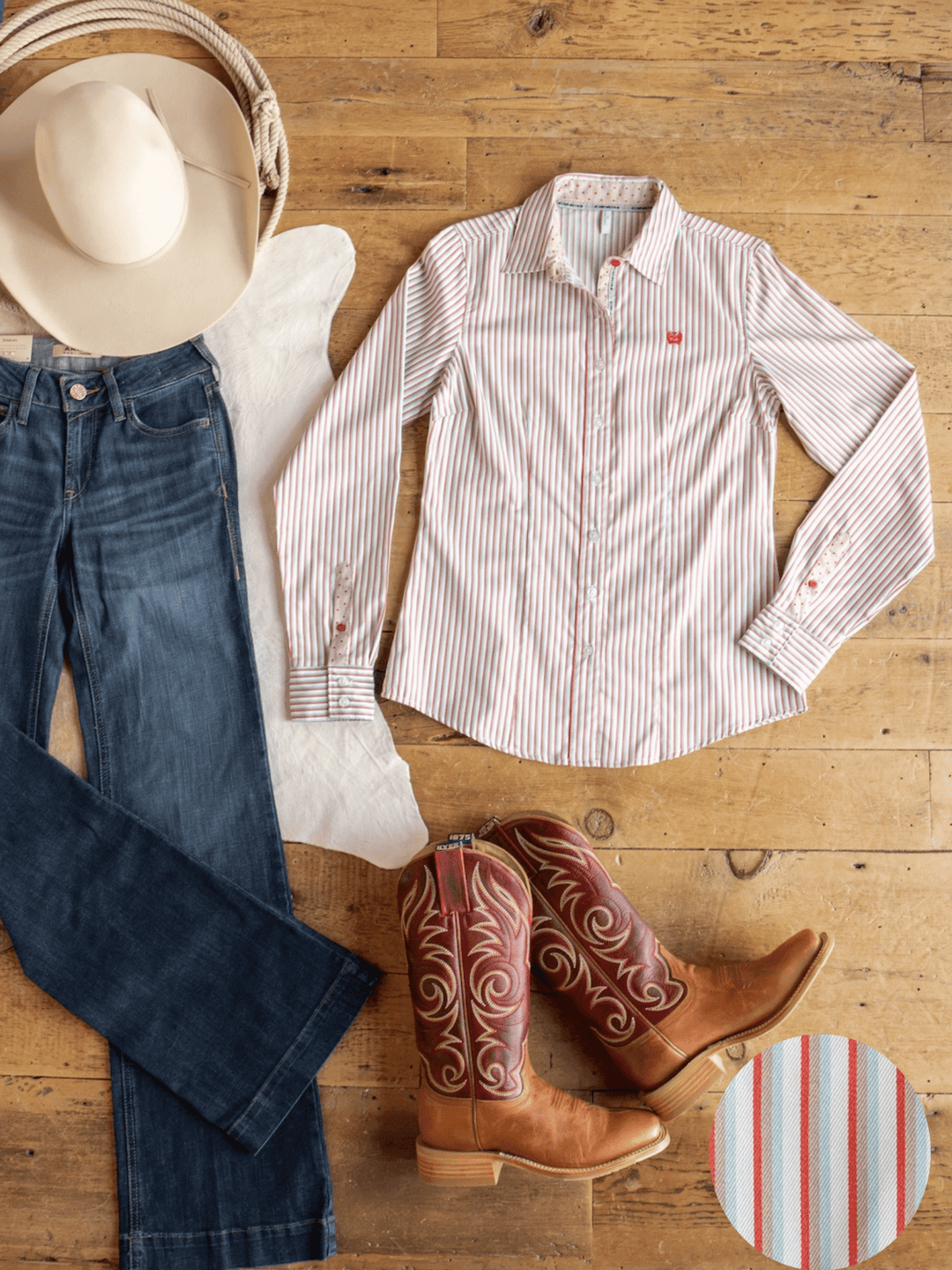 Savannah Sevens western life{&}style Patton Striped Tencel Performance Shirt laid out on a wood floor with a cream cowboy hat, blue jeans, red and tan cowboy boots, and a close-up of the shirt’s red, blue, and white stripe pattern in the corner.