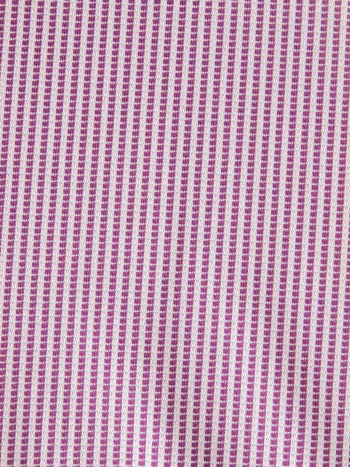 Close-up of the Payden Burgundy Striped Polo by Savannah Sevens western life{&}style, featuring stretchy fabric with evenly spaced vertical burgundy and white stripes. The texture is clearly visible, highlighting its quality and style.