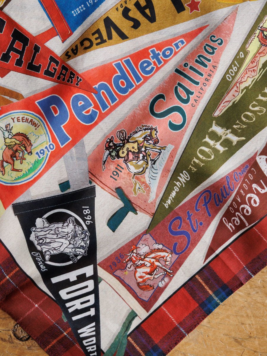 A detailed shot of the Pennants Neck Scarf by Savannah Sevens western life{&}style, featuring colorful vintage rodeo pennant designs with bucking broncos and city names, displayed on a plaid background.