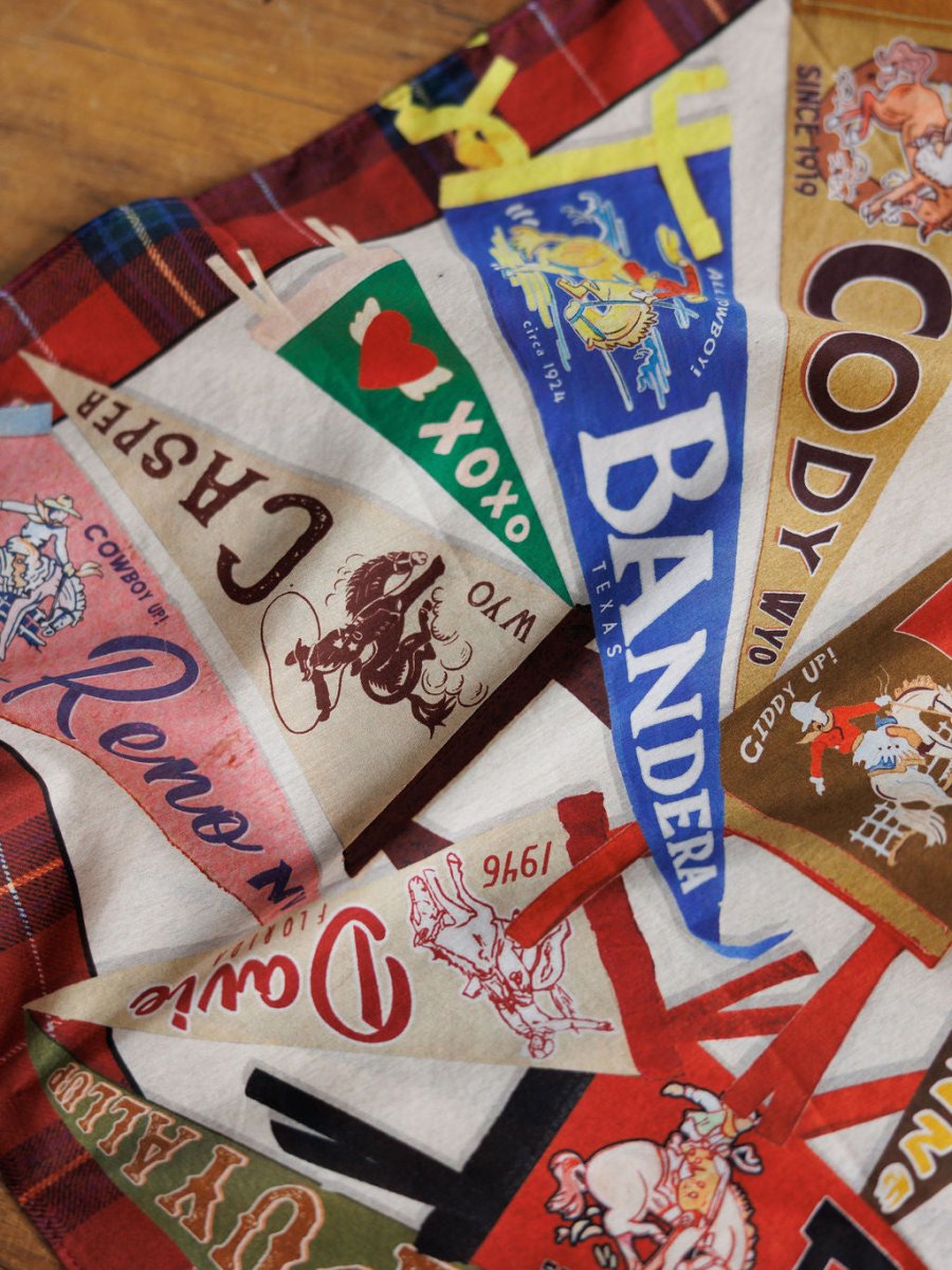 A close-up of Savannah Sevens western life{&}style Pennants Neck Scarves, featuring city names like “Bandera,” “Cody Wyo,” “Reno,” and “Casper,” overlapped on a plaid background.
