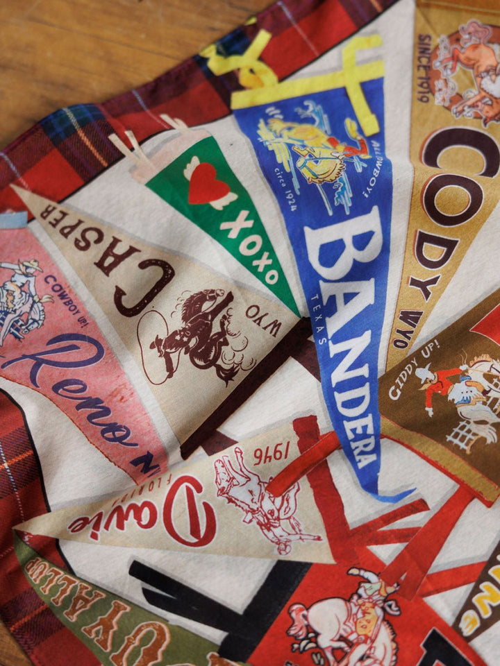 A close-up of Savannah Sevens western life{&}style Pennants Neck Scarves, featuring city names like “Bandera,” “Cody Wyo,” “Reno,” and “Casper,” overlapped on a plaid background.