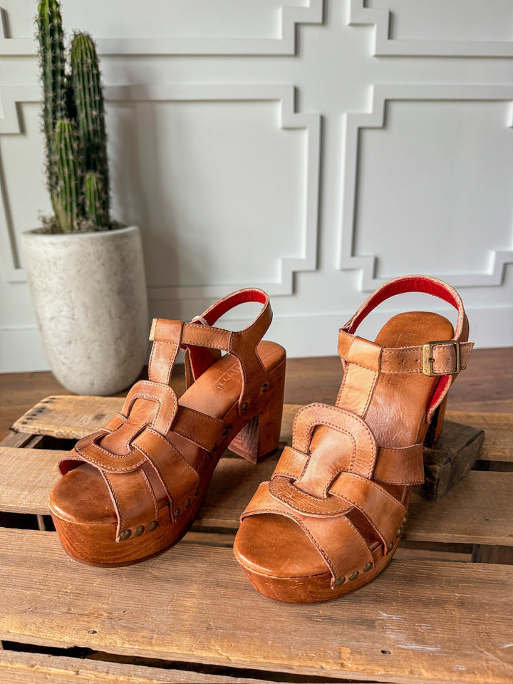 The Peyette platform sandals by Savannah Sevens western life{&}style, featuring tan leather, chunky wooden heels, and buckle straps, rest on a wooden surface with a tall potted cactus in the background against a white paneled wall. Made by BedStu.