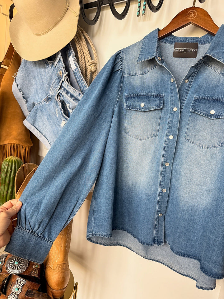 Pryor Creek Denim Button Up Top
