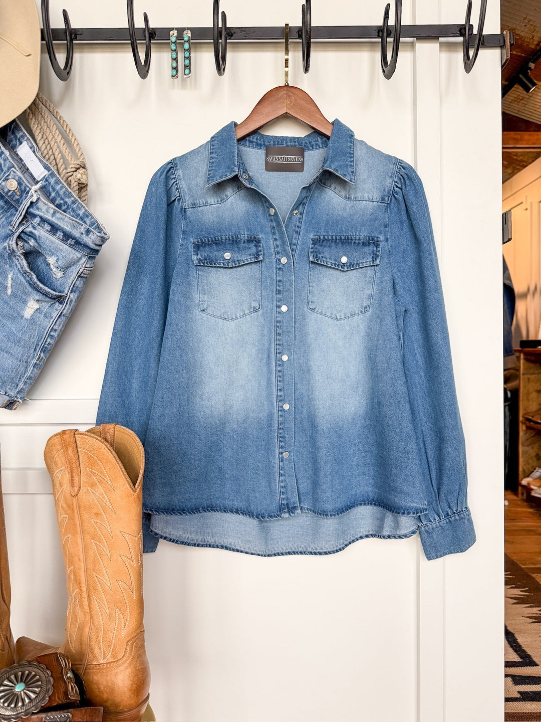 Pryor Creek Denim Button Up Top