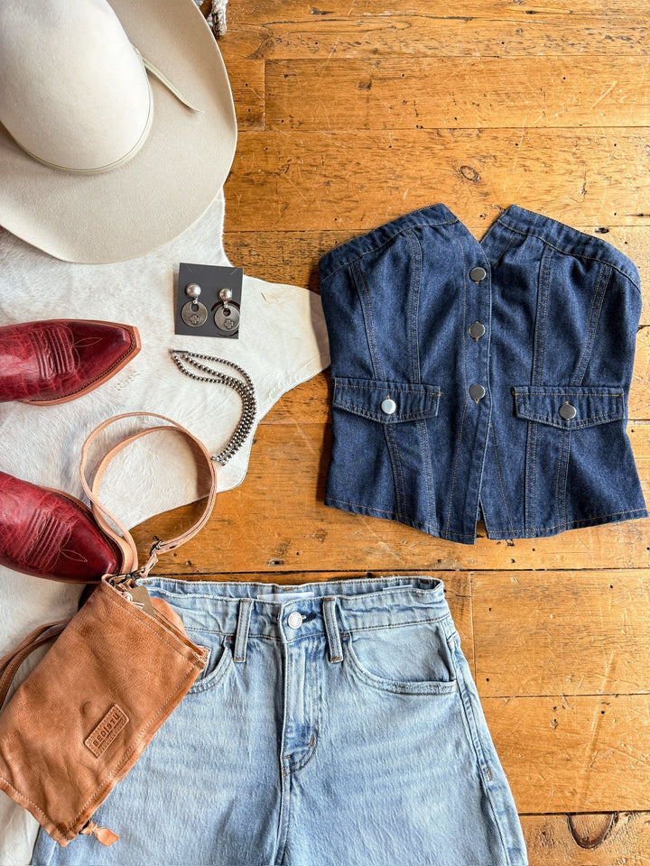 Puxico Denim Strapless Button Up Top