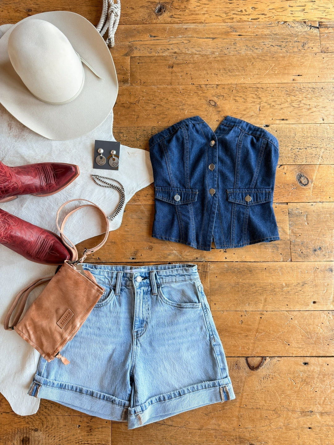 Puxico Denim Strapless Button Up Top