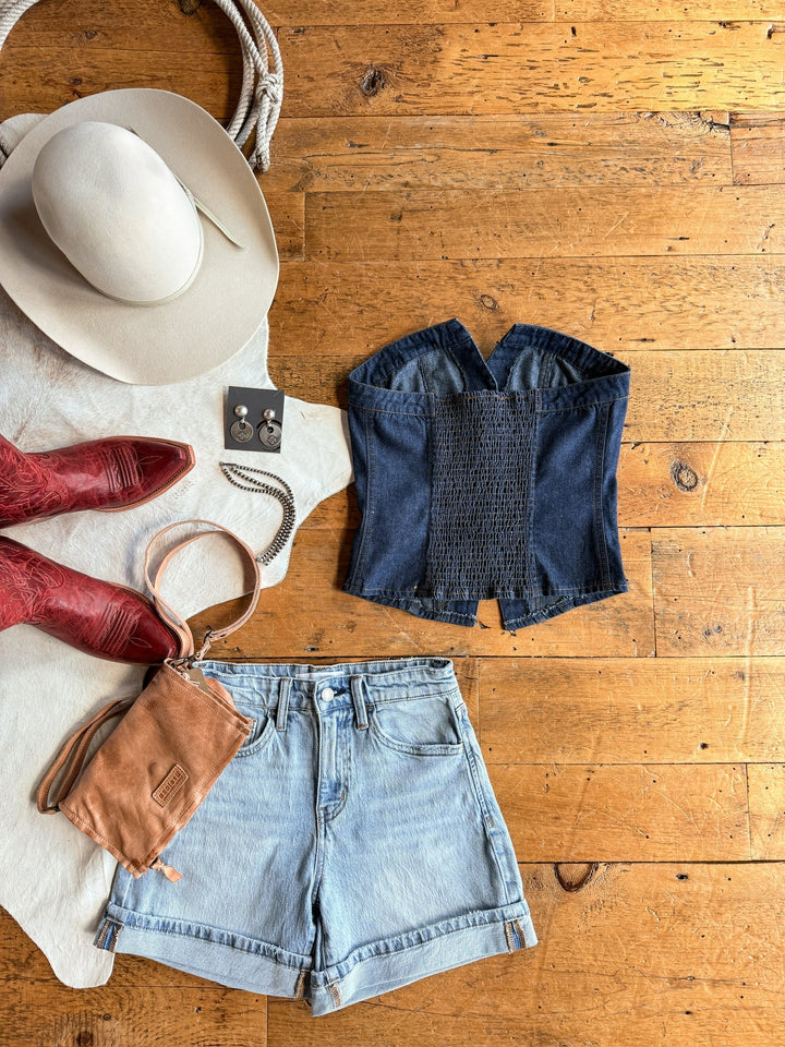 Puxico Denim Strapless Button Up Top