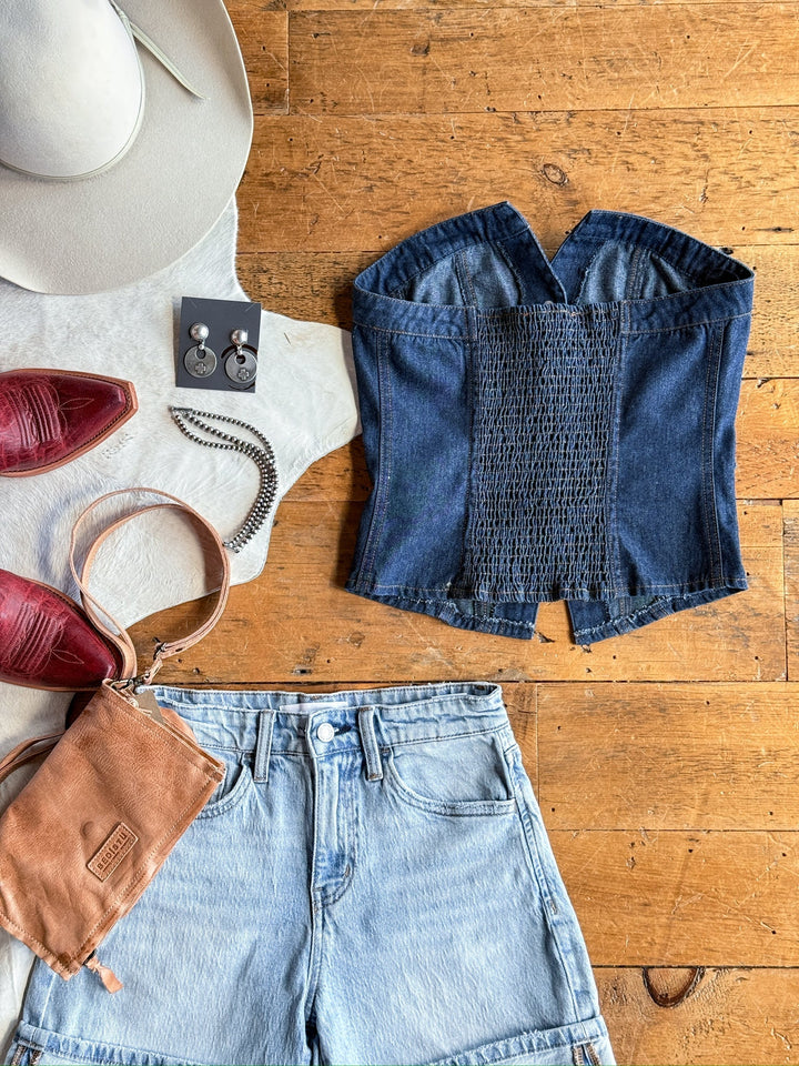 Puxico Denim Strapless Button Up Top