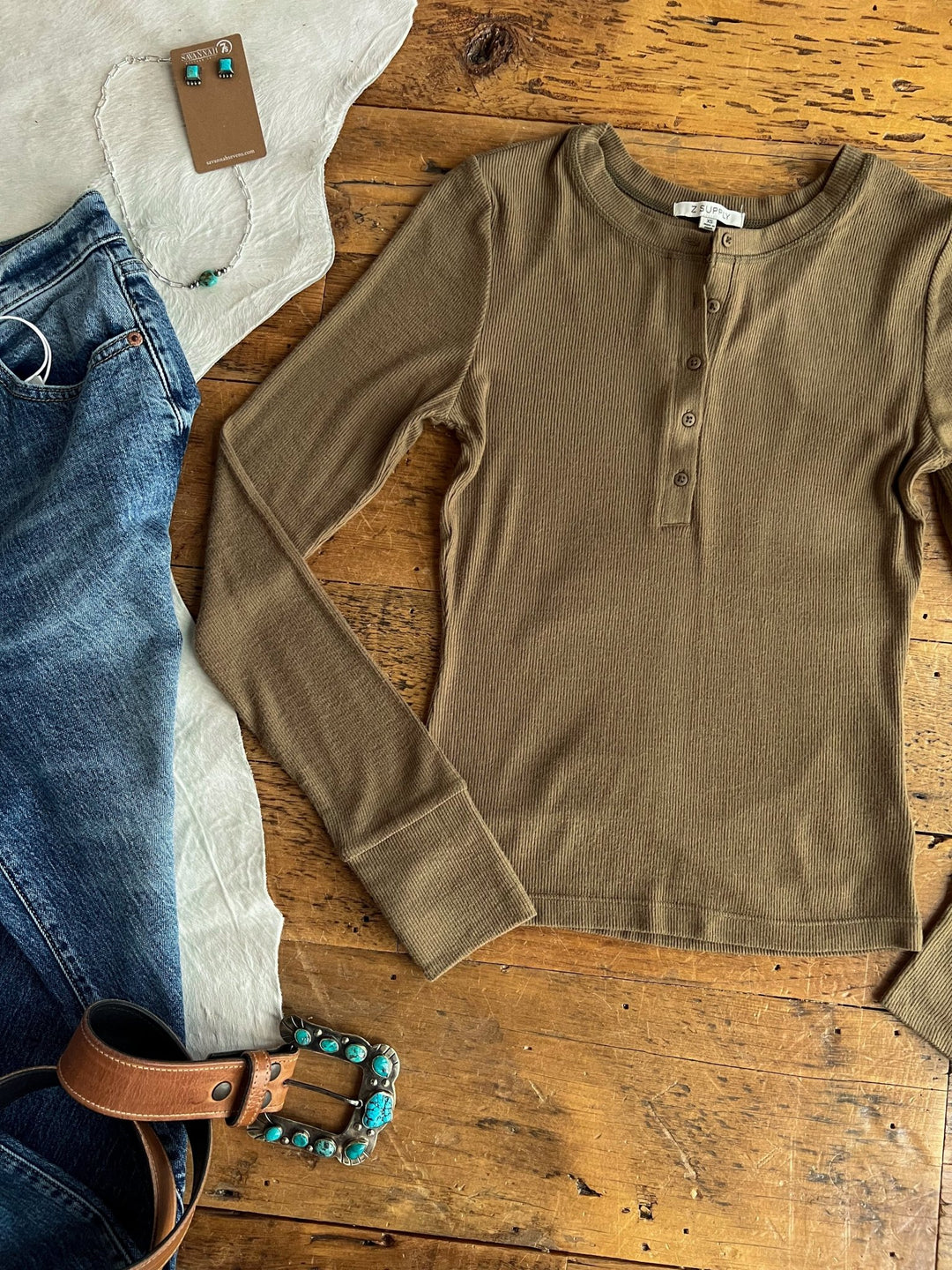 Ralls Olive Ribbed Henley Top