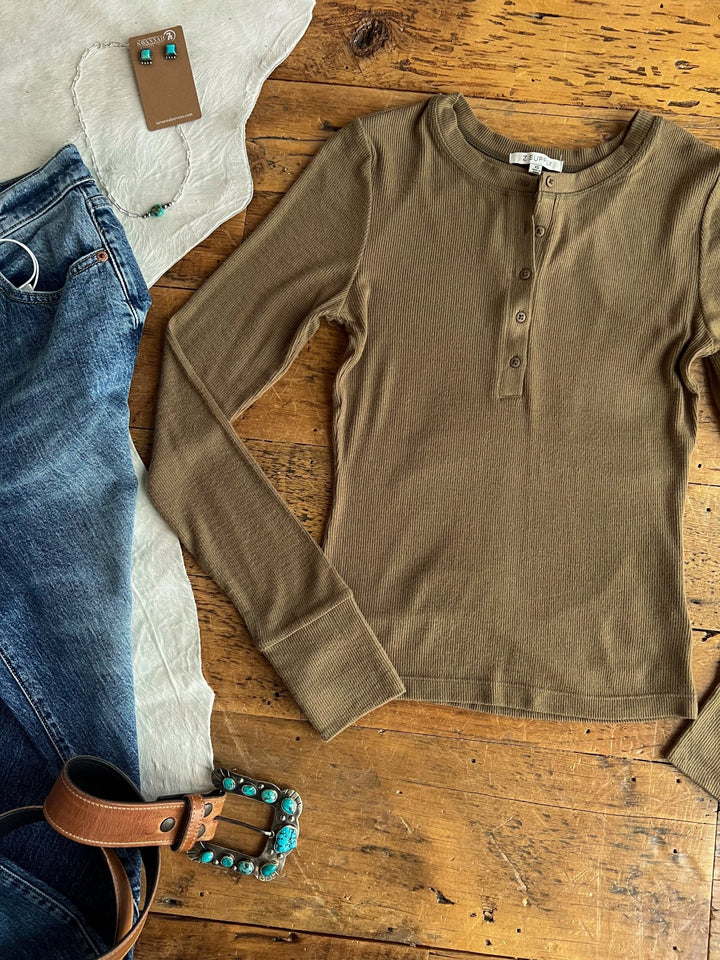 Ralls Olive Ribbed Henley Top