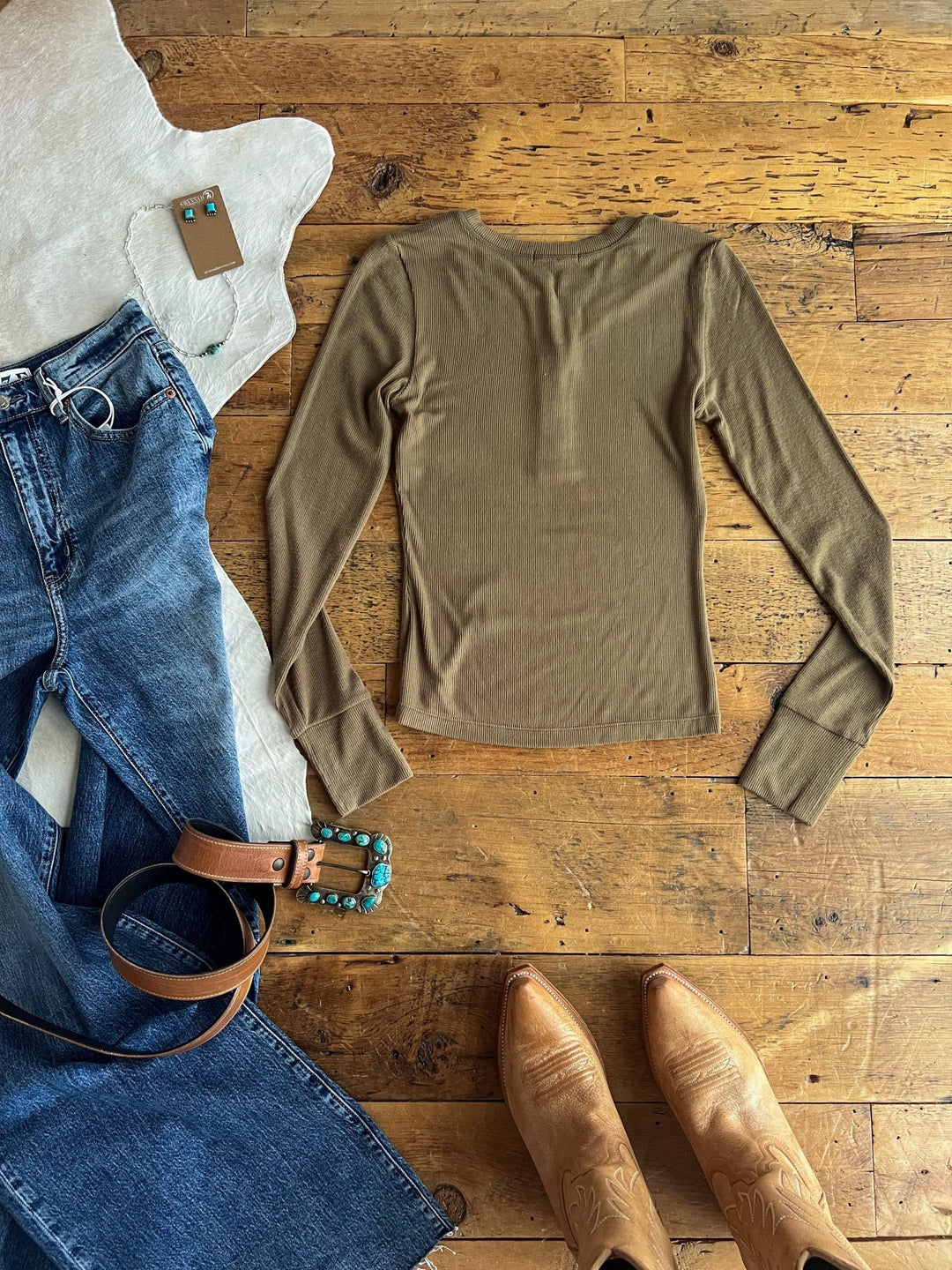 Ralls Olive Ribbed Henley Top