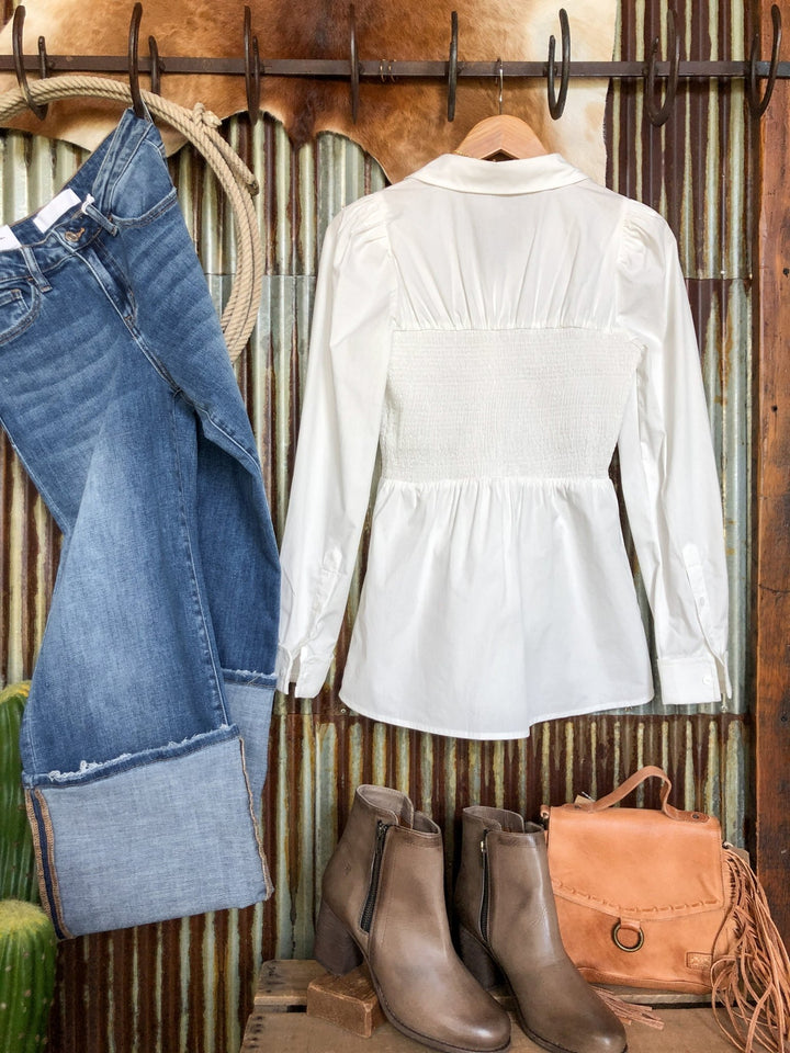 Ronan White Smocked Button Up Top
