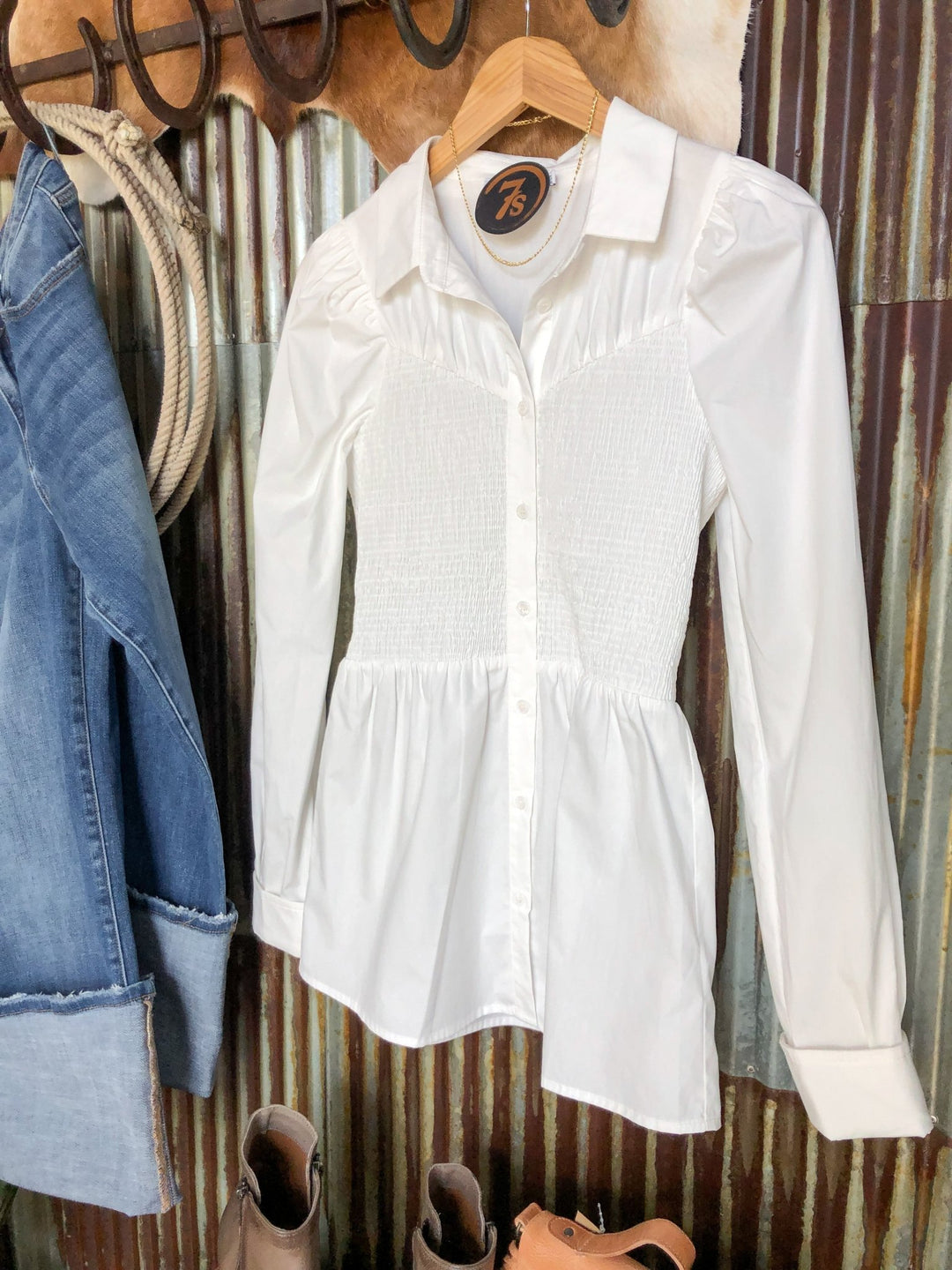 Ronan White Smocked Button Up Top