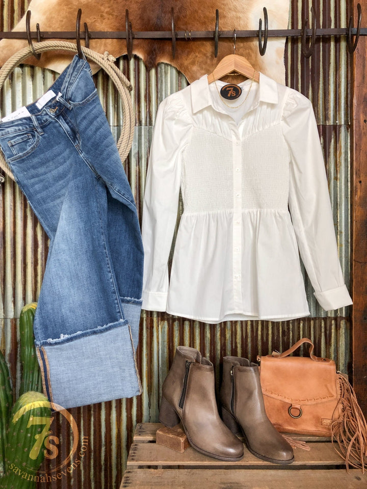 Ronan White Smocked Button Up Top