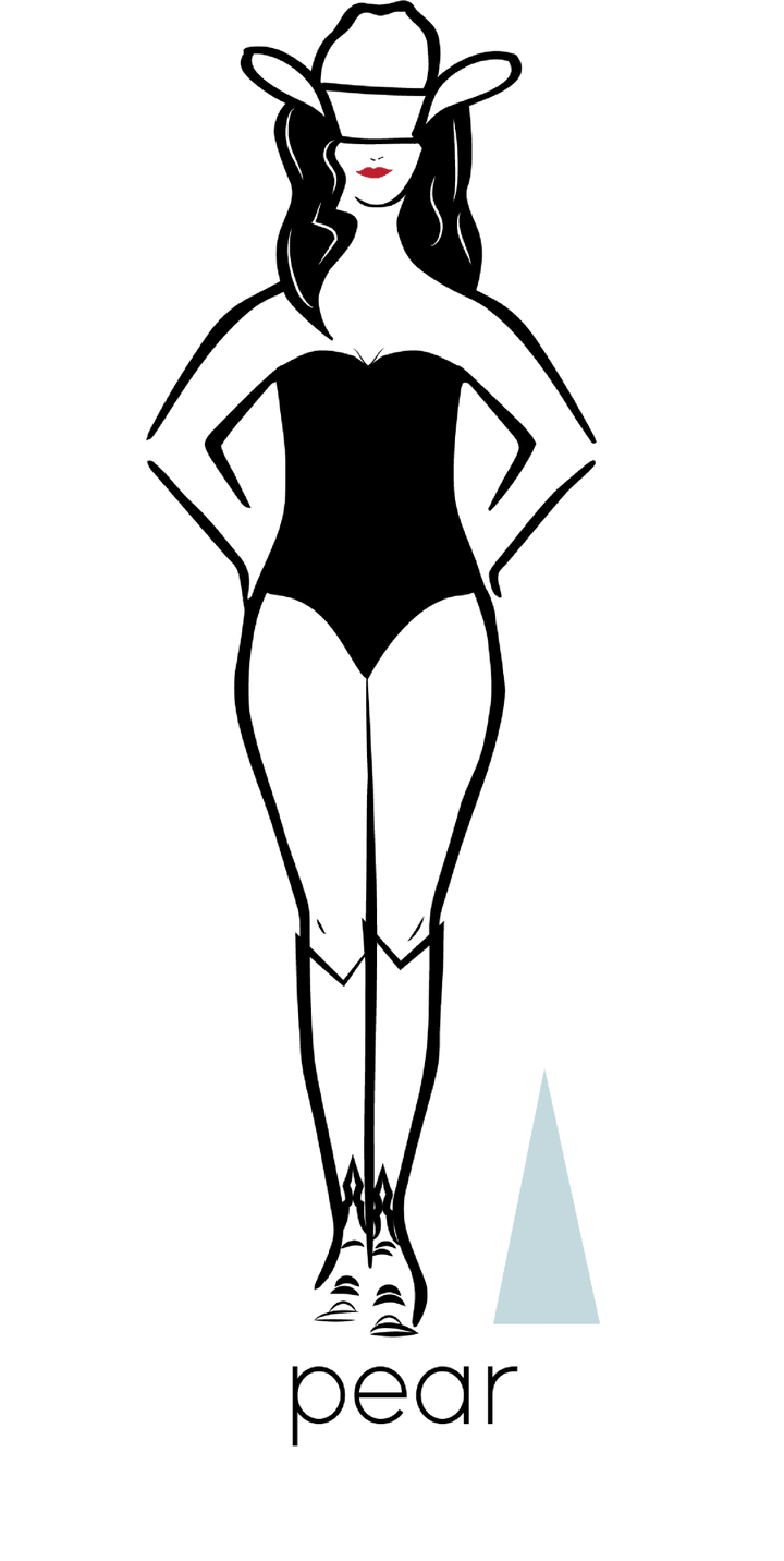 Stylized illustration of a woman with a pear body shape in a black bodysuit, cowboy hat, Savannah Sevens western life{&}style's The Rowan Shorts denim shorts, and boots. The word "pear" and a triangle appear below to show the body shape.