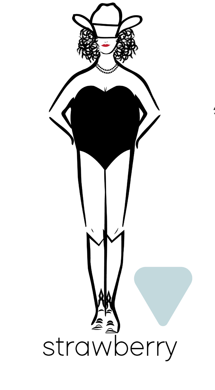 Stylized illustration of a woman in Savannah Sevens western life{&}style’s The Rowan Shorts, cowboy hat, boots, and pearl necklace. Her torso forms a heart shape above the word “strawberry” with a blue geometric design below.