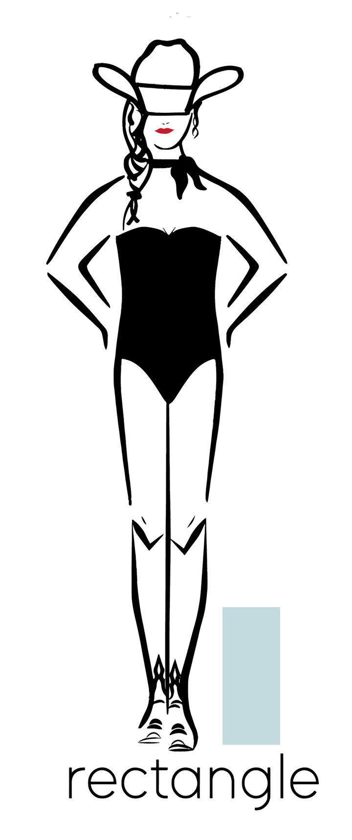Illustration of a woman with a rectangle body shape wearing a hat, scarf, boots, and The Rowan Shorts by Savannah Sevens western life{&}style with a strapless black bodysuit. A blue rectangle and "rectangle" appear at the bottom.