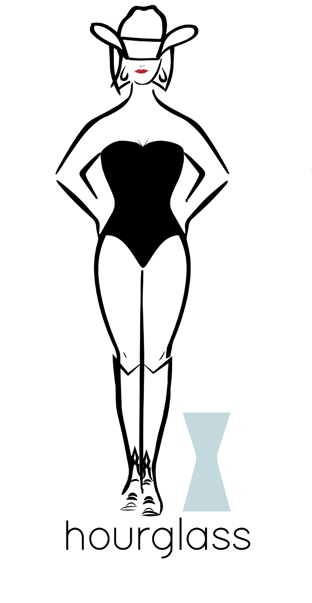Minimalist illustration of a woman in The Rowan Shorts by Savannah Sevens western life{&}style, wearing boots and a cowboy hat, arms bent with hands on hips, representing an hourglass shape with icon and "hourglass" label below.