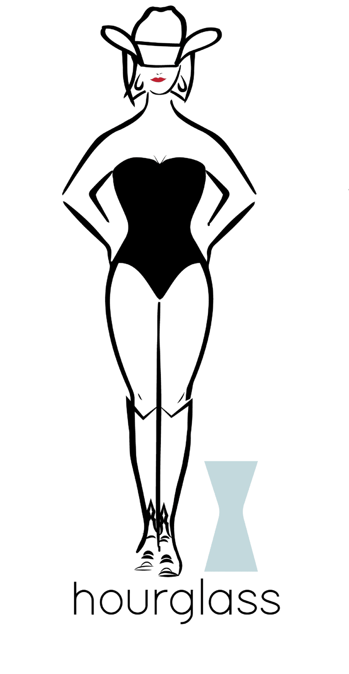 Minimalist illustration of a woman in The Rowan Shorts by Savannah Sevens western life{&}style, wearing boots and a cowboy hat, arms bent with hands on hips, representing an hourglass shape with icon and "hourglass" label below.