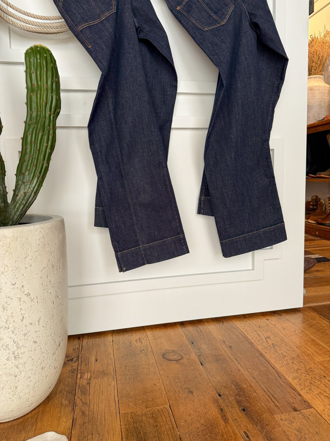 A pair of Savannah Sevens western life{&}style The Rylan High Rise Wide Leg Jeans hang against a white wall above a wooden floor, next to a tall green cactus in a white planter.