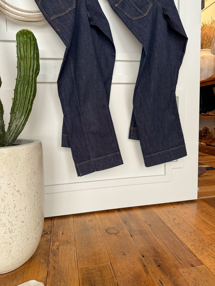 A pair of Savannah Sevens western life{&}style The Rylan High Rise Wide Leg Jeans hang against a white wall above a wooden floor, next to a tall green cactus in a white planter.