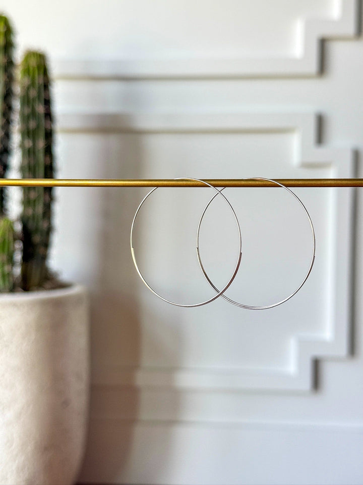 Two thin, 14K white gold plated Seminole Earrings from Savannah Sevens western life{&}style hang from a horizontal gold rod, with a potted cactus and a white decorative wall blurred in the background.