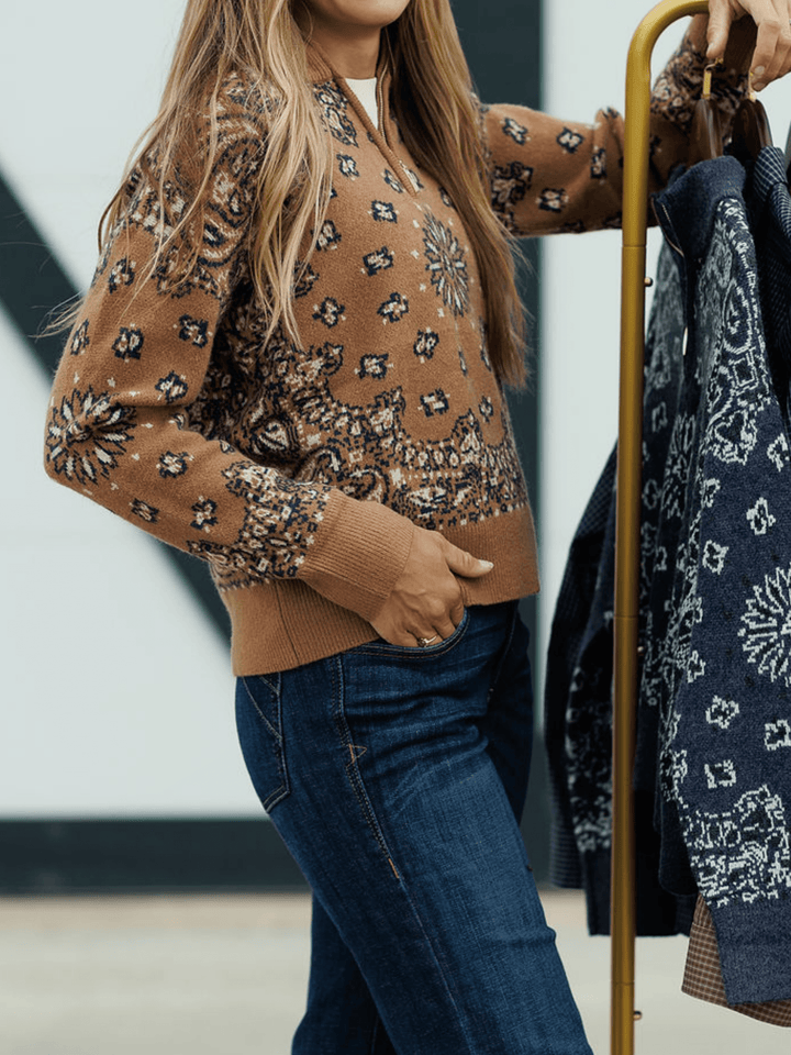 Shiloh Caramel Paisley Quarter Zip Sweater