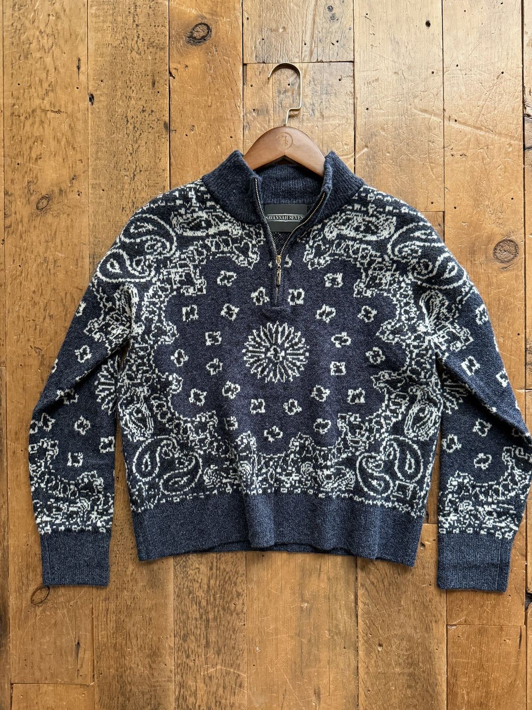 Shiloh Denim Paisley Quarter Zip Sweater