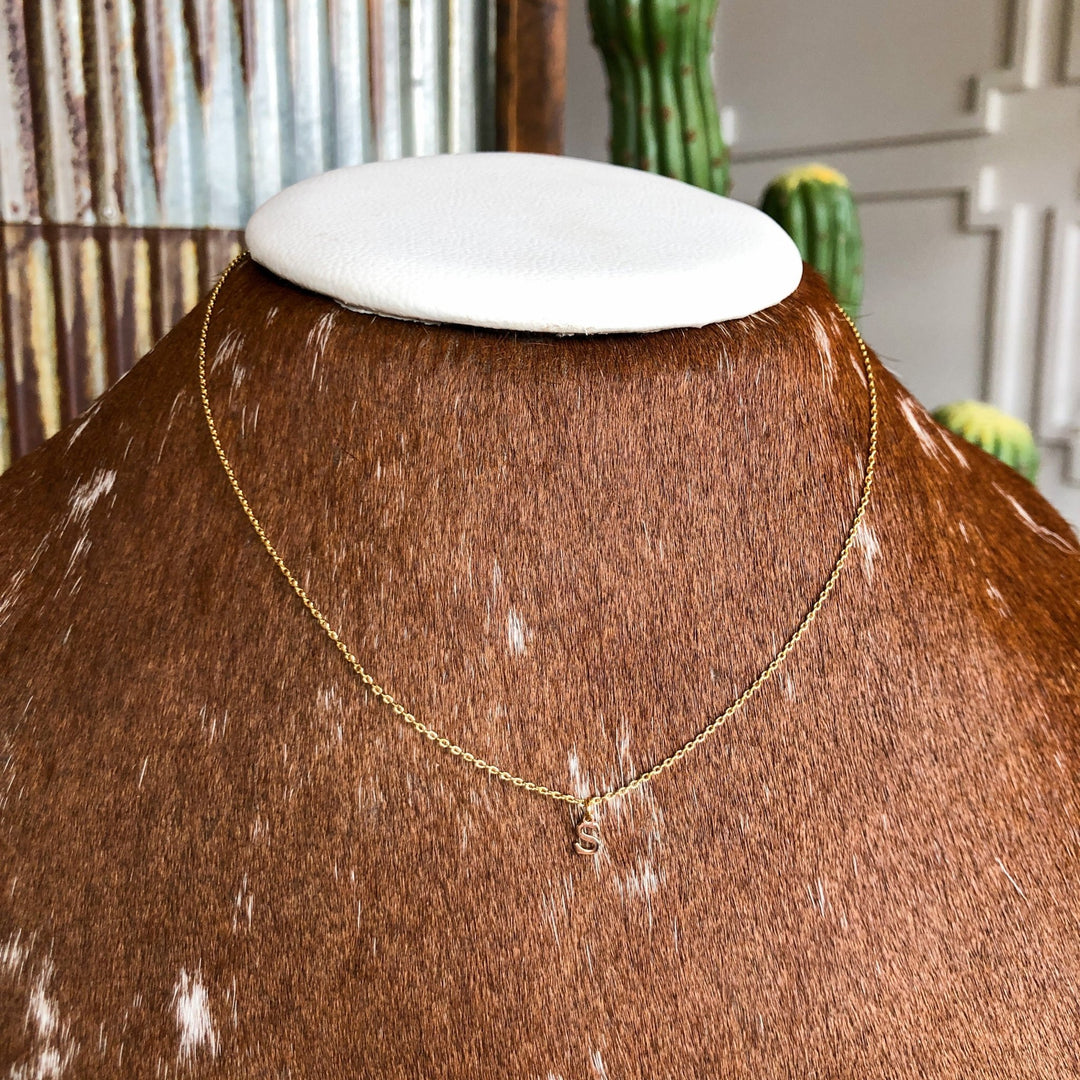 The Sylvan Initial Necklace by Savannah Sevens western life{&}style features a gold S charm, displayed on a brown and white speckled leather stand with a cactus and rustic metal and wood background.