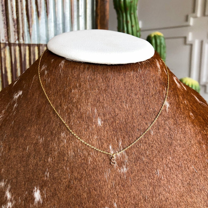 The Sylvan Initial Necklace by Savannah Sevens western life{&}style features a gold S charm, displayed on a brown and white speckled leather stand with a cactus and rustic metal and wood background.