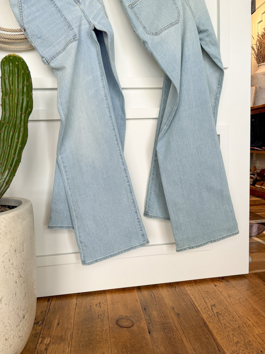 The Tallyn High Rise 90's Wide Leg Jean by Savannah Sevens western life{&}style in light blue hangs on a white door beside a tall green cactus in a white planter, set on a wooden floor.
