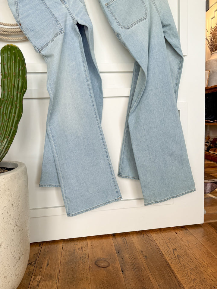 The Tallyn High Rise 90's Wide Leg Jean by Savannah Sevens western life{&}style in light blue hangs on a white door beside a tall green cactus in a white planter, set on a wooden floor.