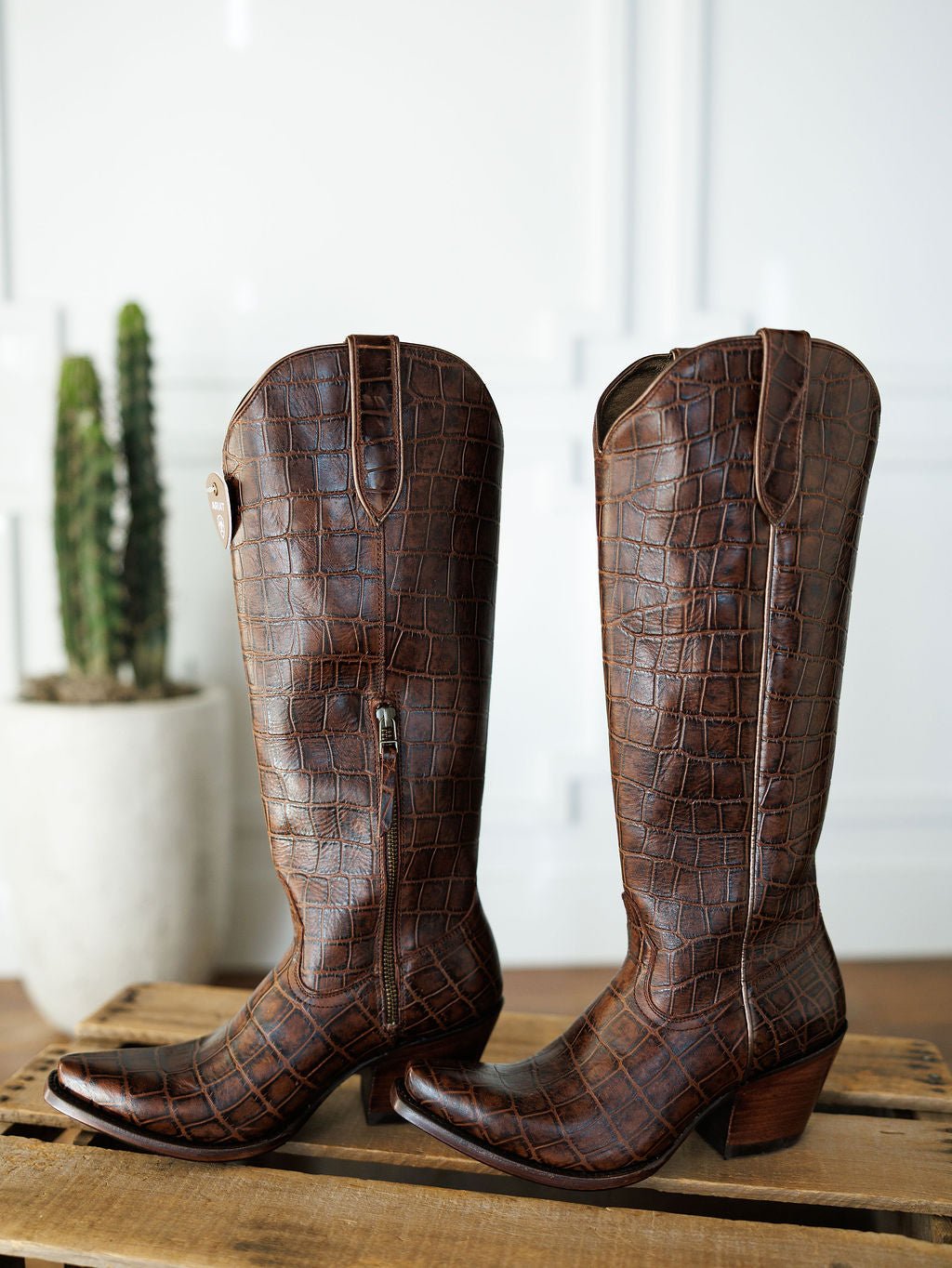 The Tavares by Savannah Sevens western life{&}style: brown, knee-high snip toe boots with a crocodile pattern in exotic leather, side zippers, shown on wood with a potted cactus in the background. Boots by Ariat. 