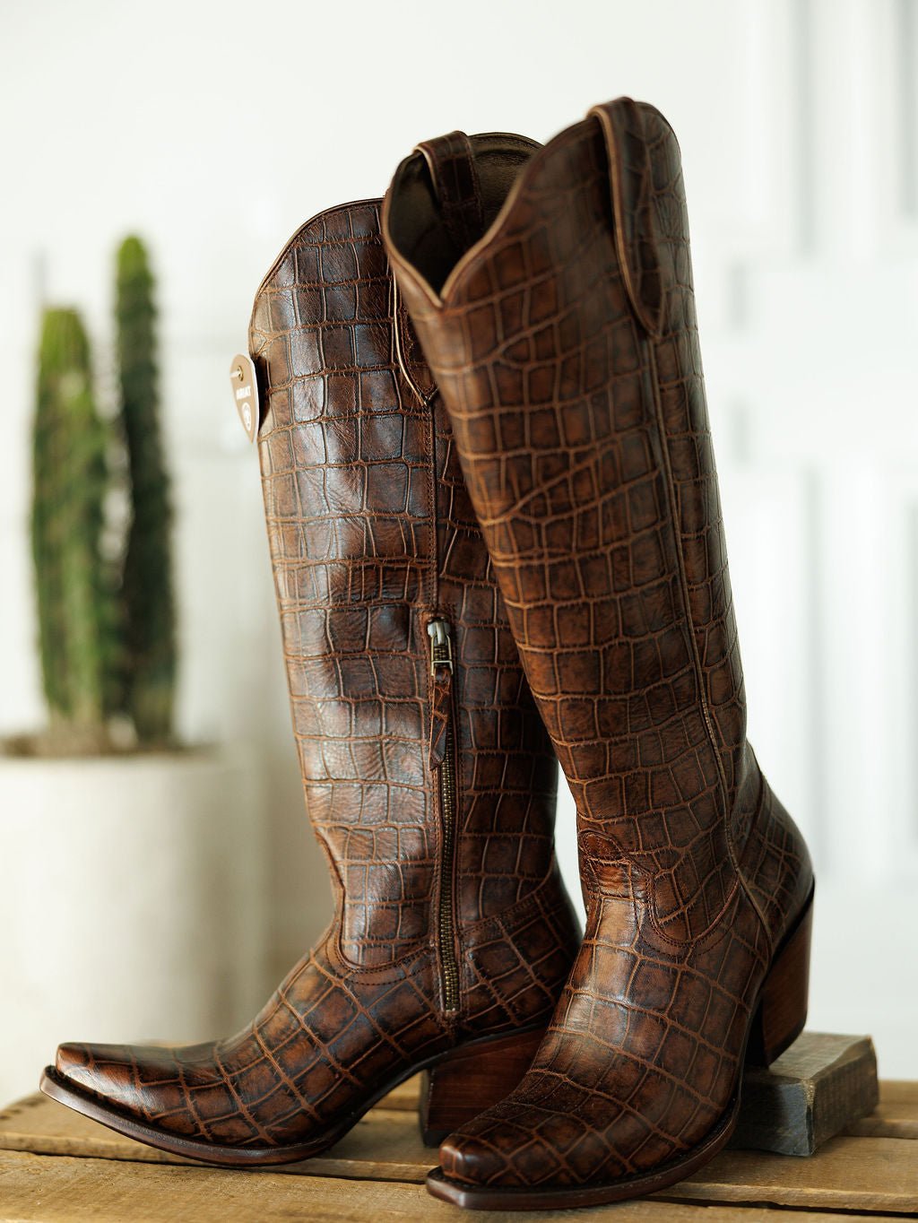The Tavares by Savannah Sevens western life{&}style: tall brown exotic leather snip toe cowboy boots with side zippers, shown on a wooden surface. A blurred potted cactus appears in the background.