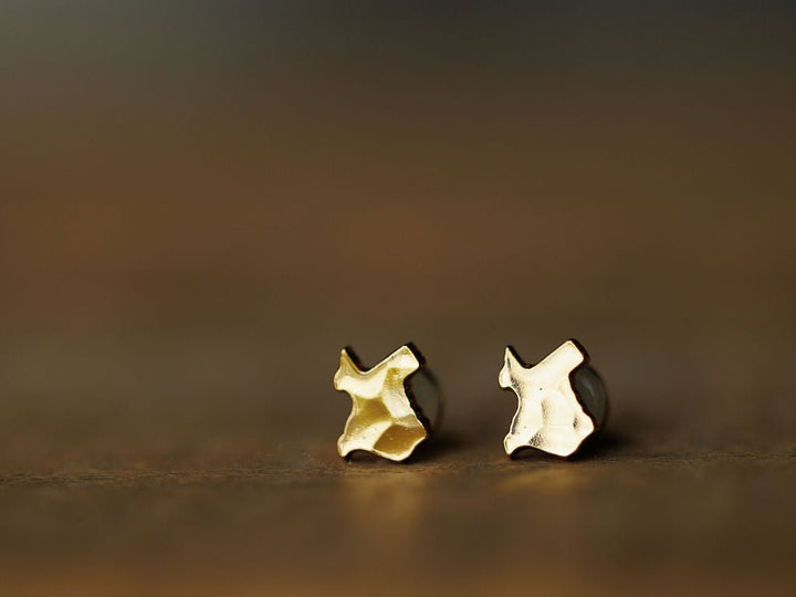 Close-up of two small hammered gold Texas Earrings by Savannah Sevens western life{&}style, shaped like abstract crosses and placed side by side on a smooth brown surface with a blurred background.