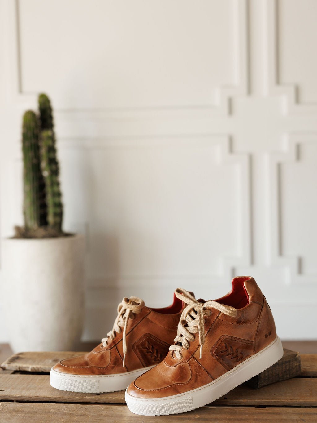 The Texicos by Savannah Sevens western life{&}style—tan leather sneakers with white soles and beige laces—are displayed on a wooden surface, with a potted cactus in the background against a white paneled wall. Made by BedStu. 