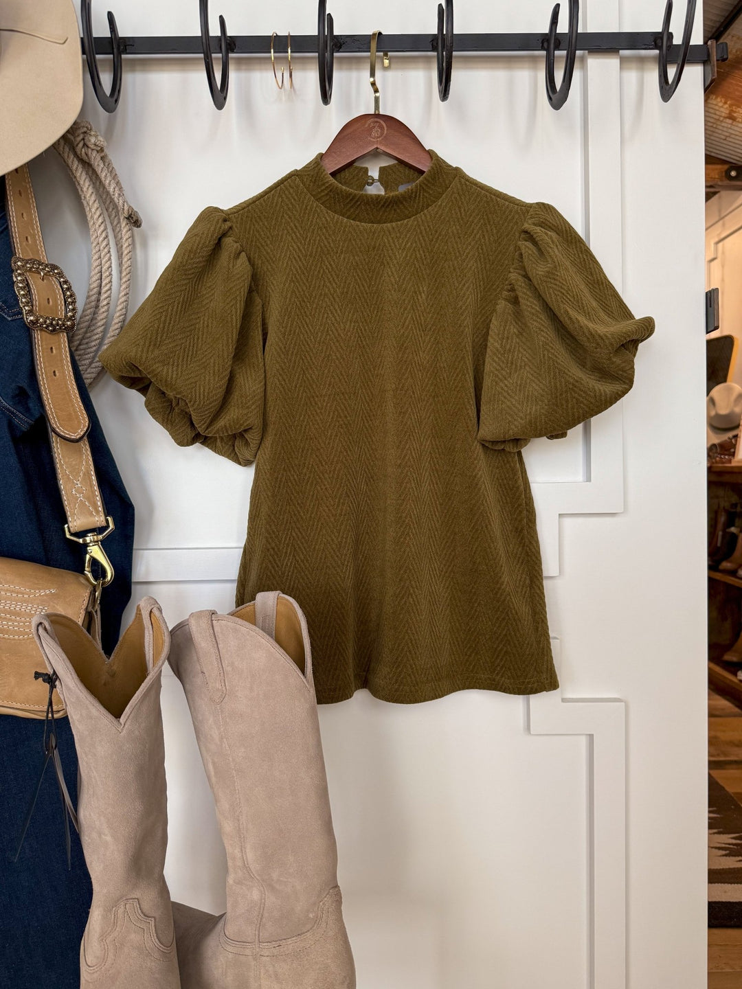 Arvada Olive Textured Puff Sleeve Top