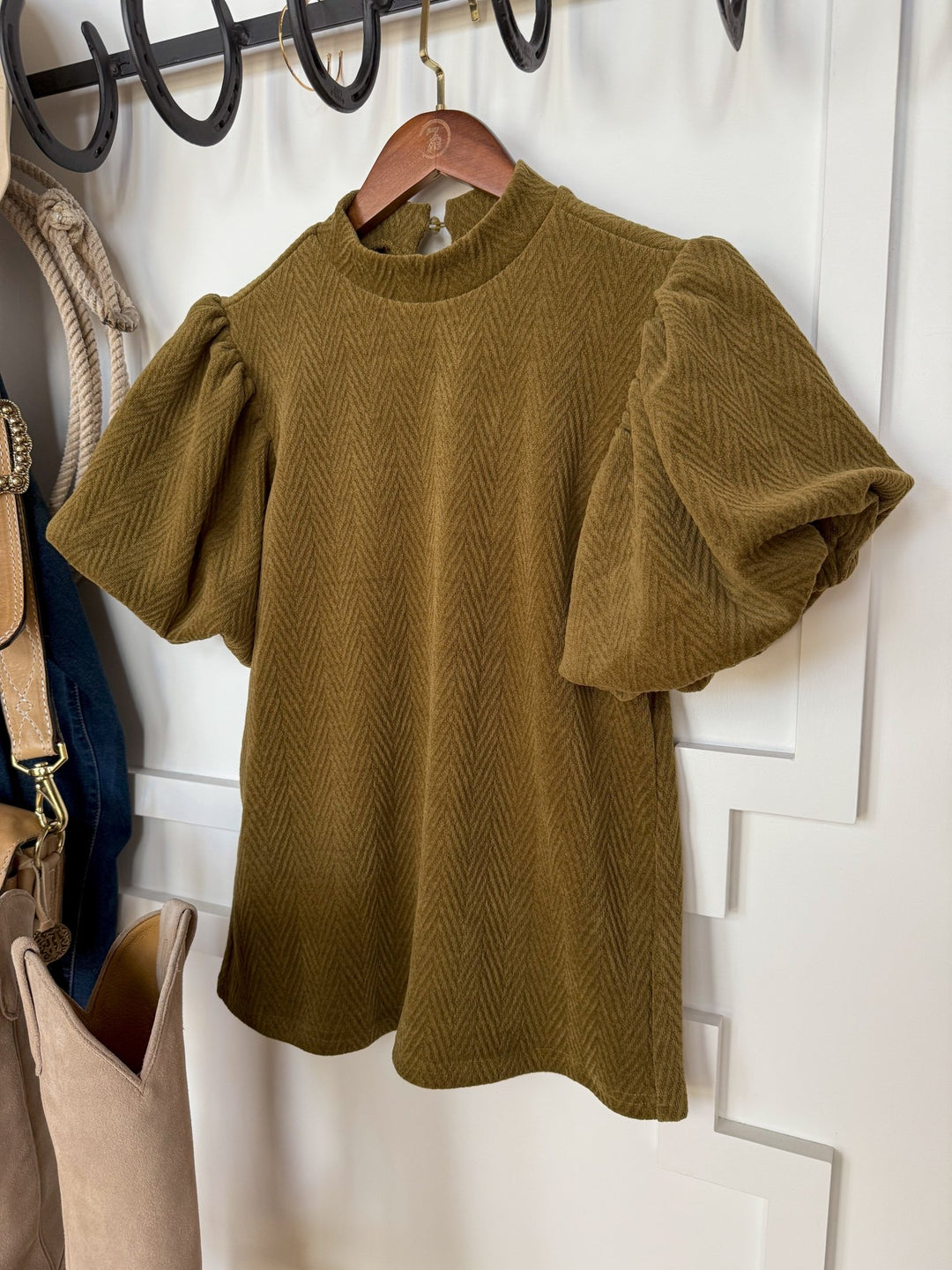 Arvada Olive Textured Puff Sleeve Top
