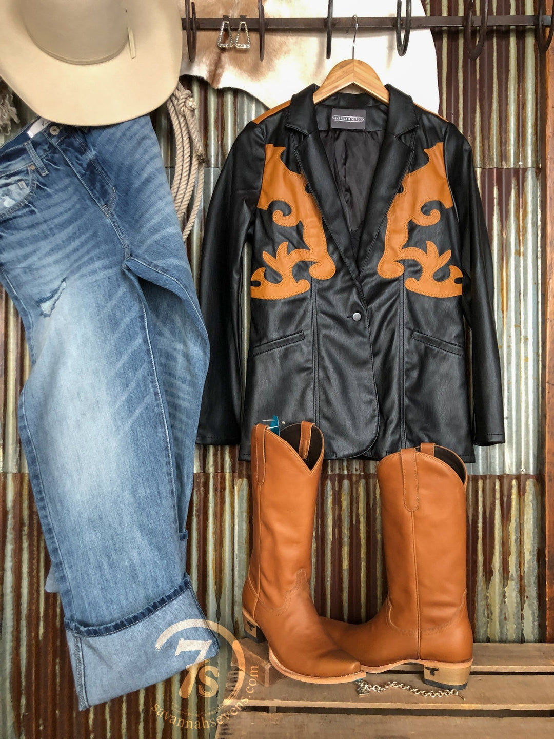 Dekalb Black Faux Leather Yoke Blazer