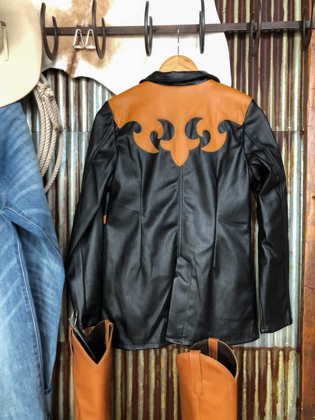 Dekalb Black Faux Leather Yoke Blazer