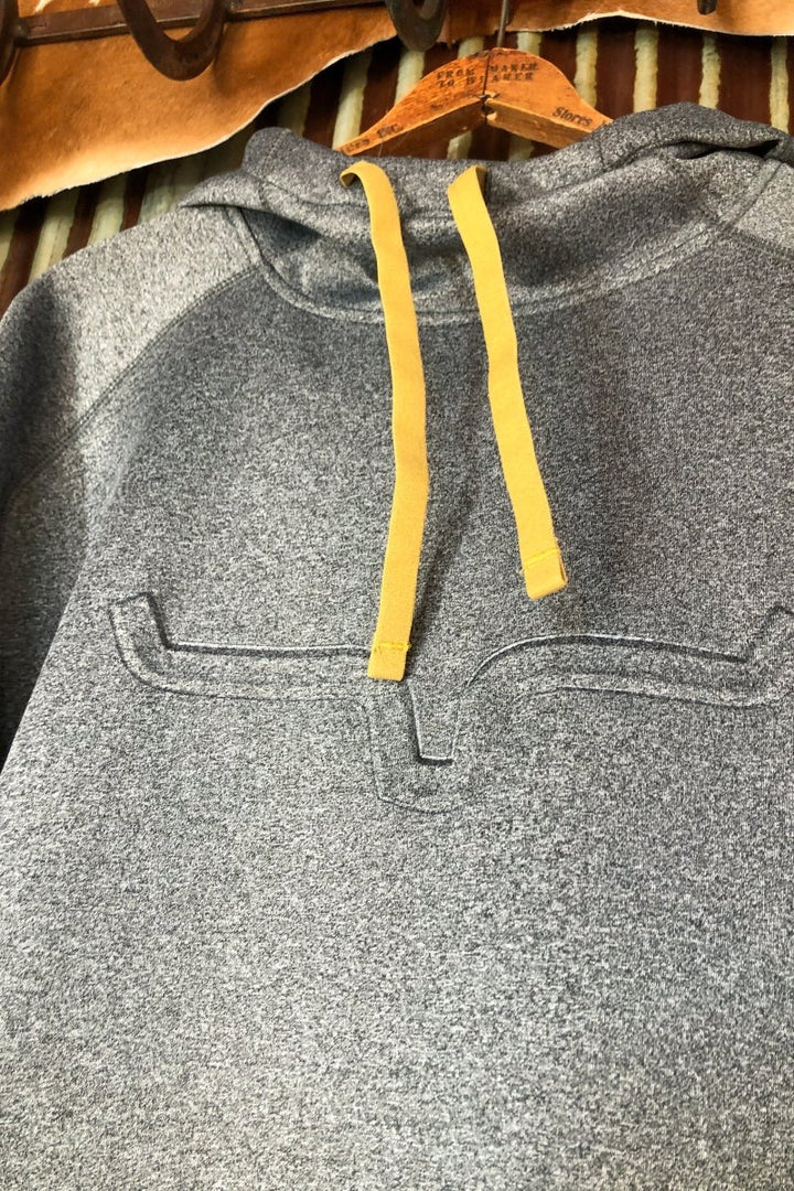 A gray The Lanesboro men's hoodie from Savannah Sevens western life{&}style with yellow drawstrings hangs on a wooden hanger, featuring a subtle stitched horn-inspired logo on the chest.