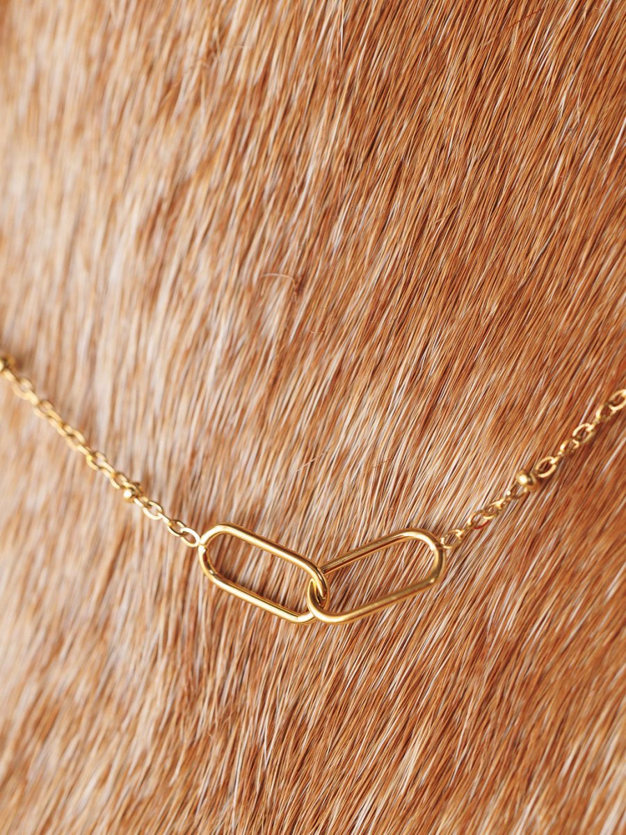 The Toleson Necklace by Savannah Sevens western life{&}style is a delicate, waterproof gold paperclip chain with two interlocking oval links, shown resting on light brown, furry animal fur.