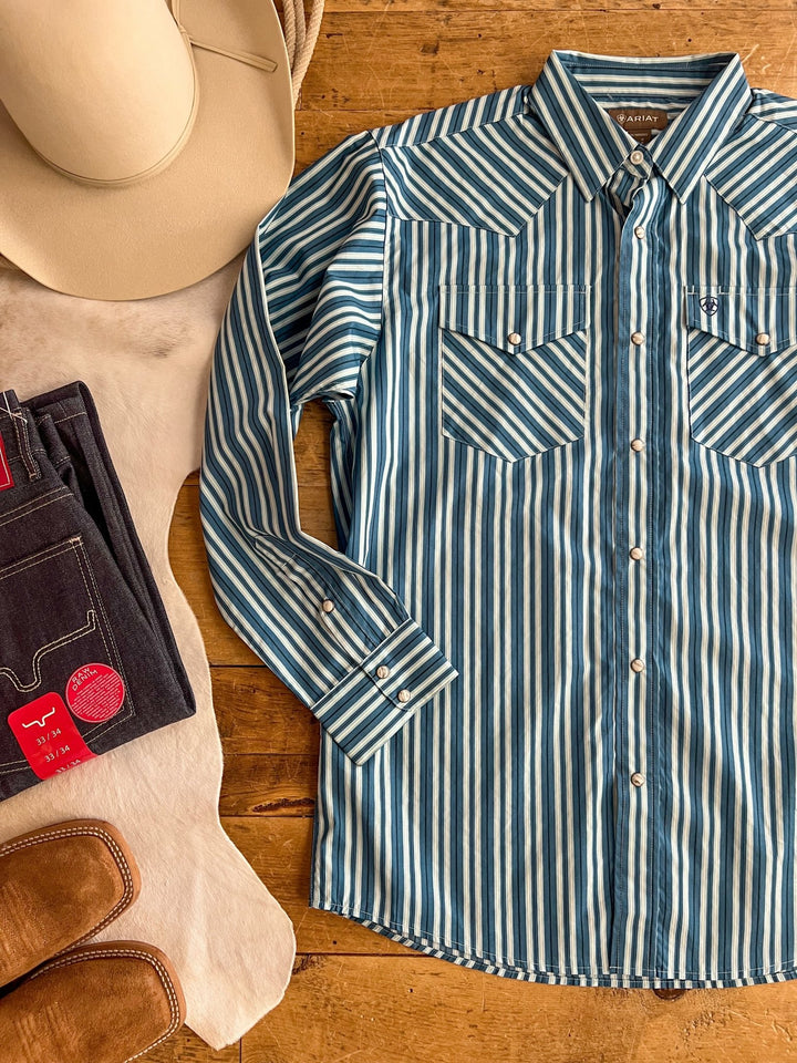 Vernon Ariat Men's Teal Striped Pearl Snap