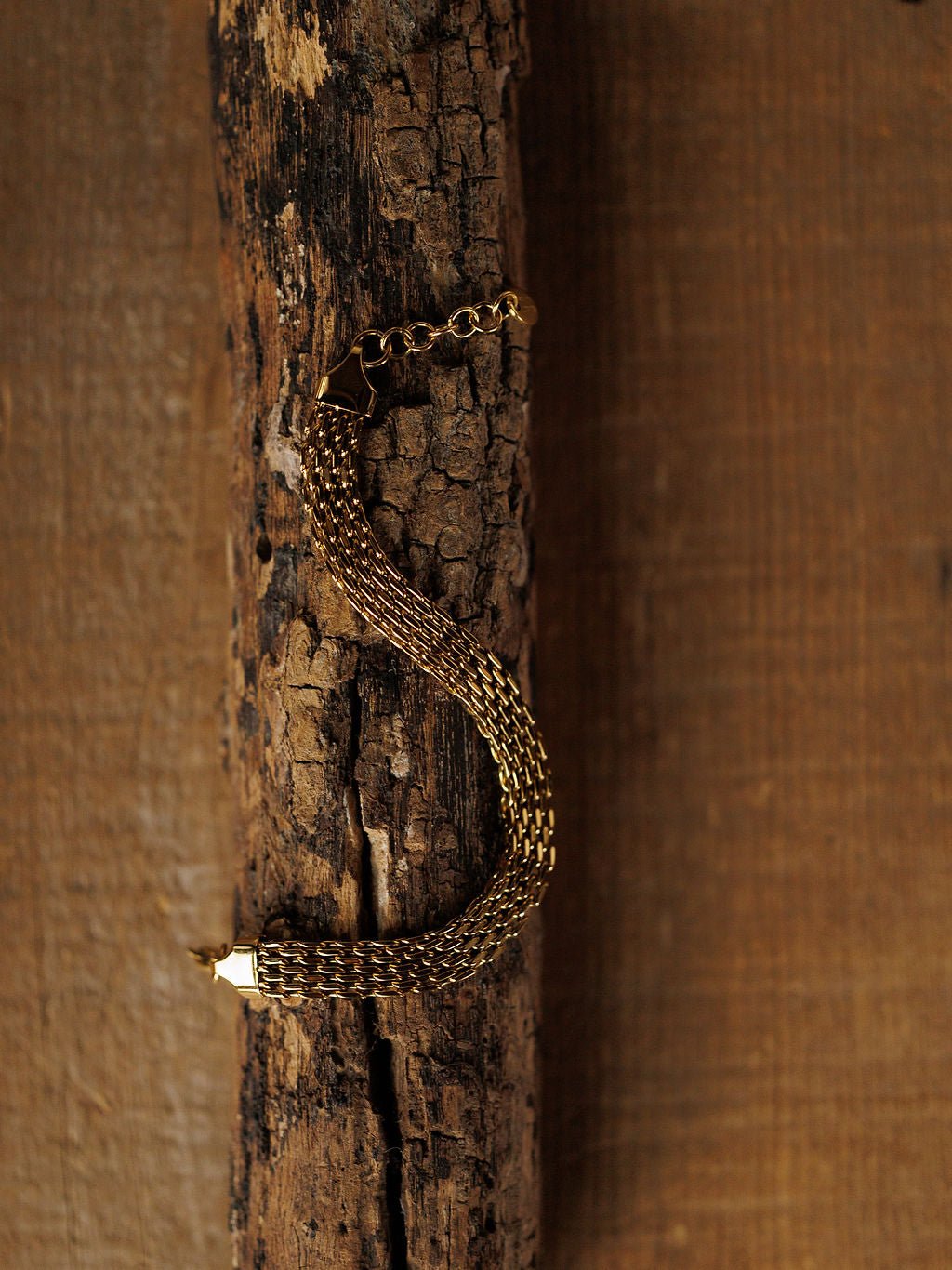 The Vienna Bracelet by Savannah Sevens western life{&}style features a gold braided S-shape design, resting on a textured wooden surface with a warm brown background. This 18K gold-filled piece is hypoallergenic.