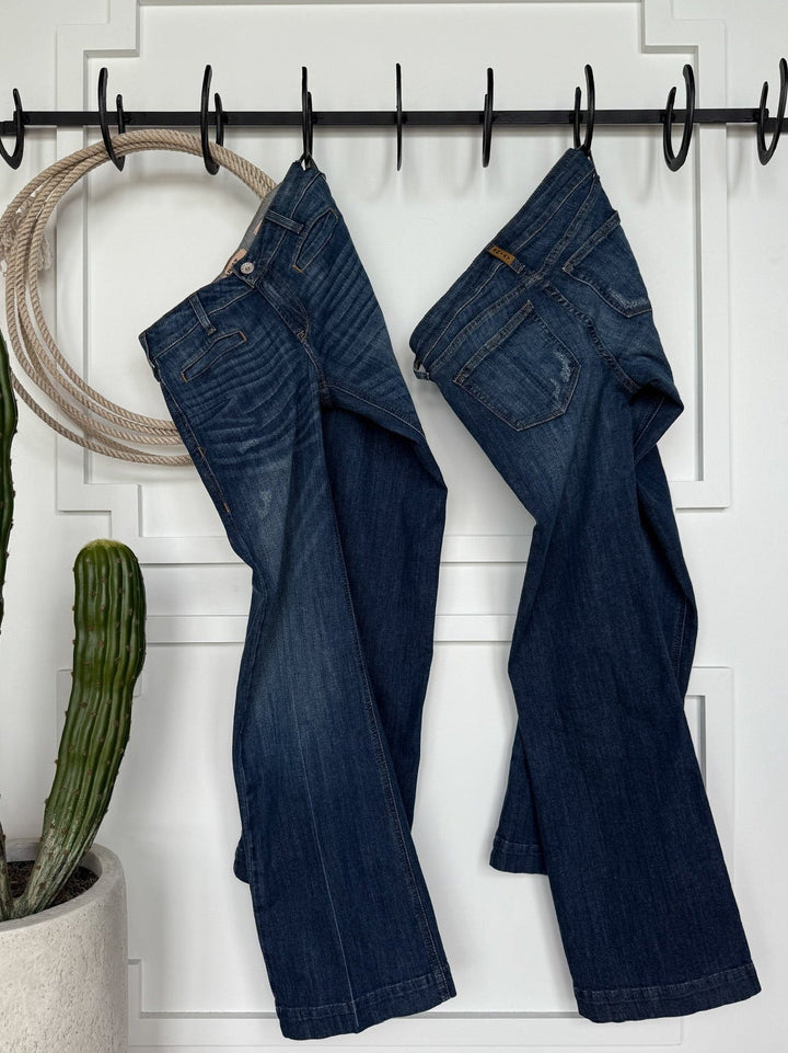 Two pairs of The Waylynn Perfect Rise Trouser Jean *Exclusive* by Savannah Sevens western life{&}style in a medium dark wash hang from black hooks on a white wall, with a coiled rope and tall green cactus in a white planter in front.