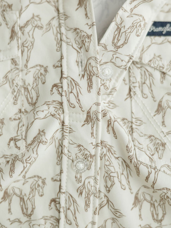 Close-up of the Weston Wrangler Horse Button Top by Savannah Sevens western life{&}style, showcasing a cream-colored print with brown line-drawn horses, visible buttons, and stitching—perfect as a women's western shirt.