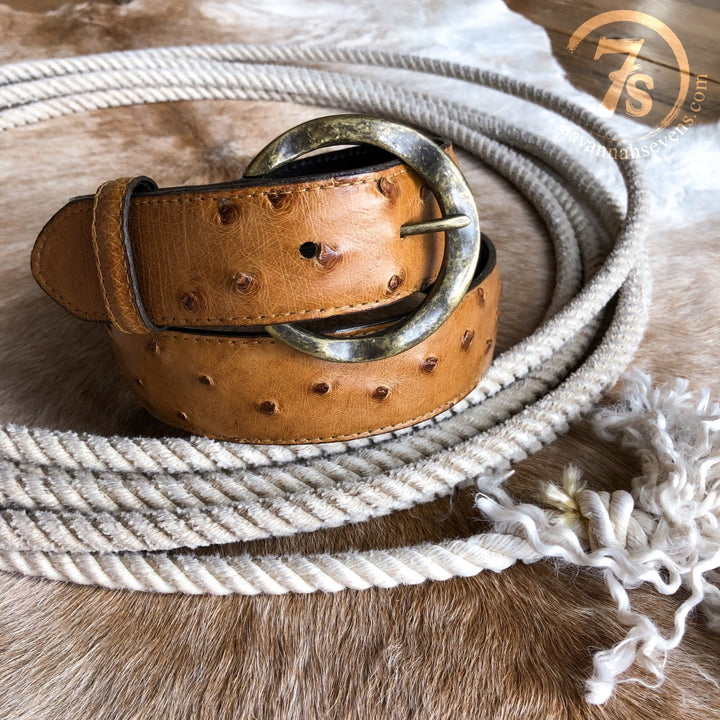The Du Bois Belt by Savannah Sevens western life{&}style, crafted from saddle tan ostrich leather with a large brass buckle, is coiled on a cowhide surface. The Savannah Sevens logo appears in the upper right corner.