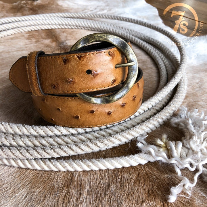 The Du Bois Belt by Savannah Sevens western life{&}style, crafted from saddle tan ostrich leather with a large brass buckle, is coiled on a cowhide surface. The Savannah Sevens logo appears in the upper right corner.