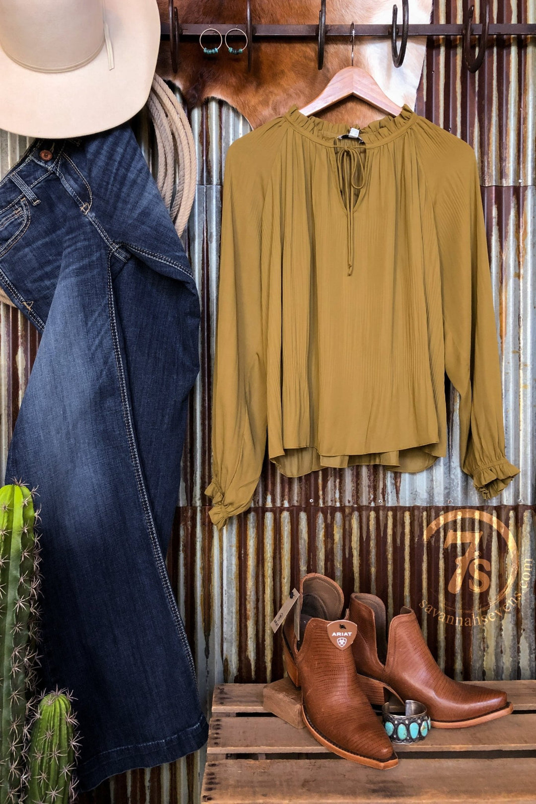 Venango Chartruese Tie Neck Ruffle Top